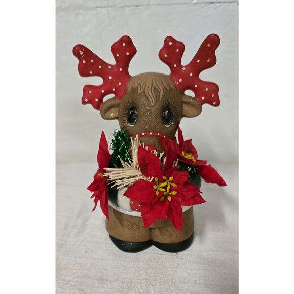 Vintage Christmas Raindeer Hand-painted, Red Poinsetta, Napkin Holderin Holder - Picture 1 of 6